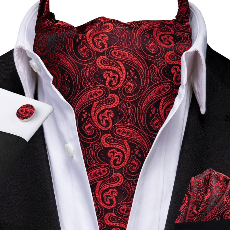 Dubulle Dark Red Ascot Paisley Floral for Men Mens Self Tie Cravat and Pocket Square Cufflinks Wedding Suit Business - Image 2